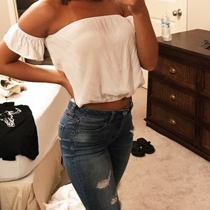 Crop white off the shoulder top